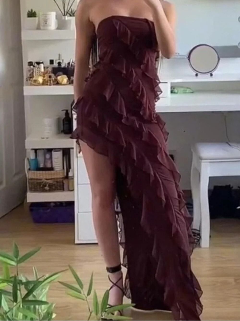 Oh Polly Nevali Bandeau Ruffle Detail Maxi Dress in Brown - Picture 4 of 15